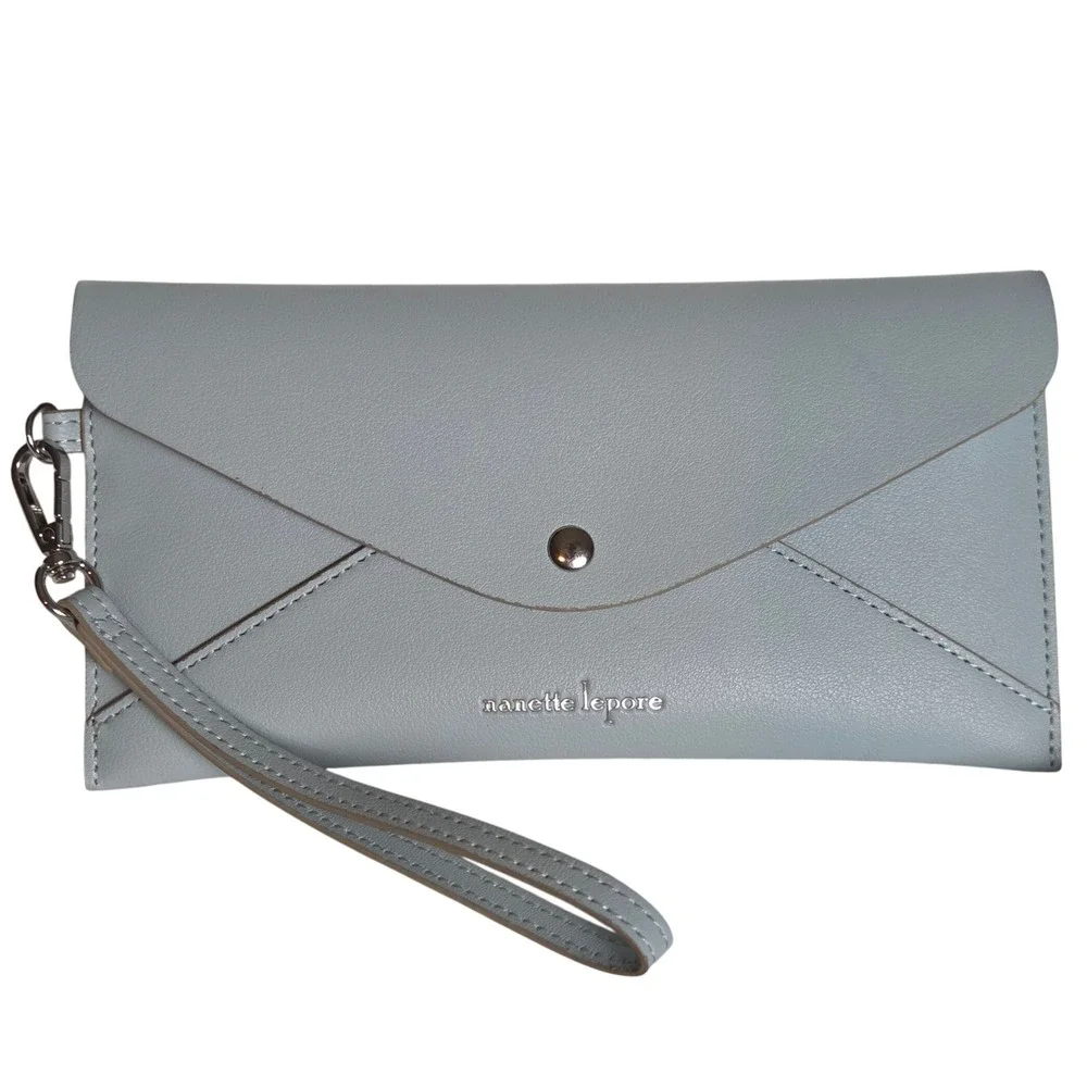 Nanette Lepore Pale Blue Envelope Wristlet Wallet Snap Closure Faux Leather Chic